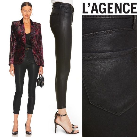 L'AGENCE Coated Black Skinny Cropped Ankle Jeans Revolve Minimalist High Rise 26 - Picture 1 of 12